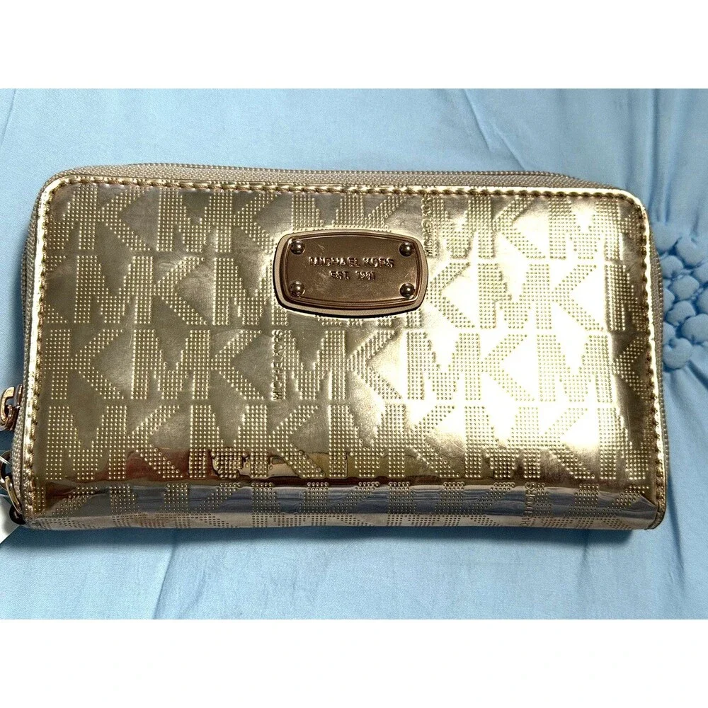 NWT Michael Kors Metallic Rose Gold MK Logo Tote Bag with Wallet $356 Jet Set